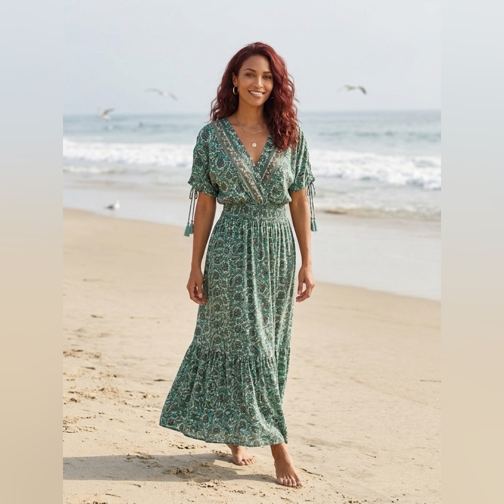 Paisley Printed V-Neck Maxi Dress with Smocked Waist & shoulder and Tassel